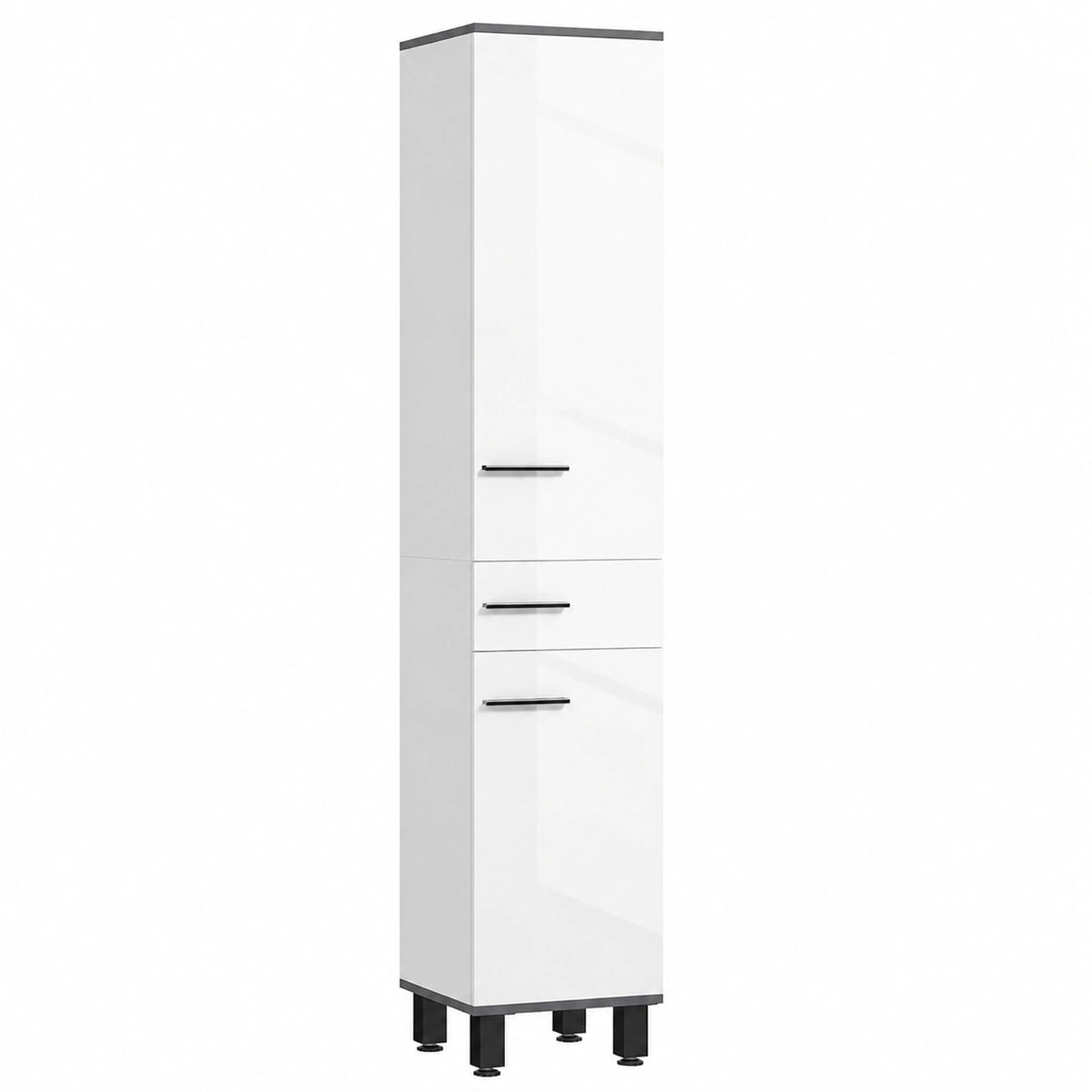 Colonna Bagno Moderna con Cassetto, 34 × 32 × 190 cm Bianco Lucido, 2 Armadietti, Mobiletto Bagno Salvaspazio Alto, 2 Ante