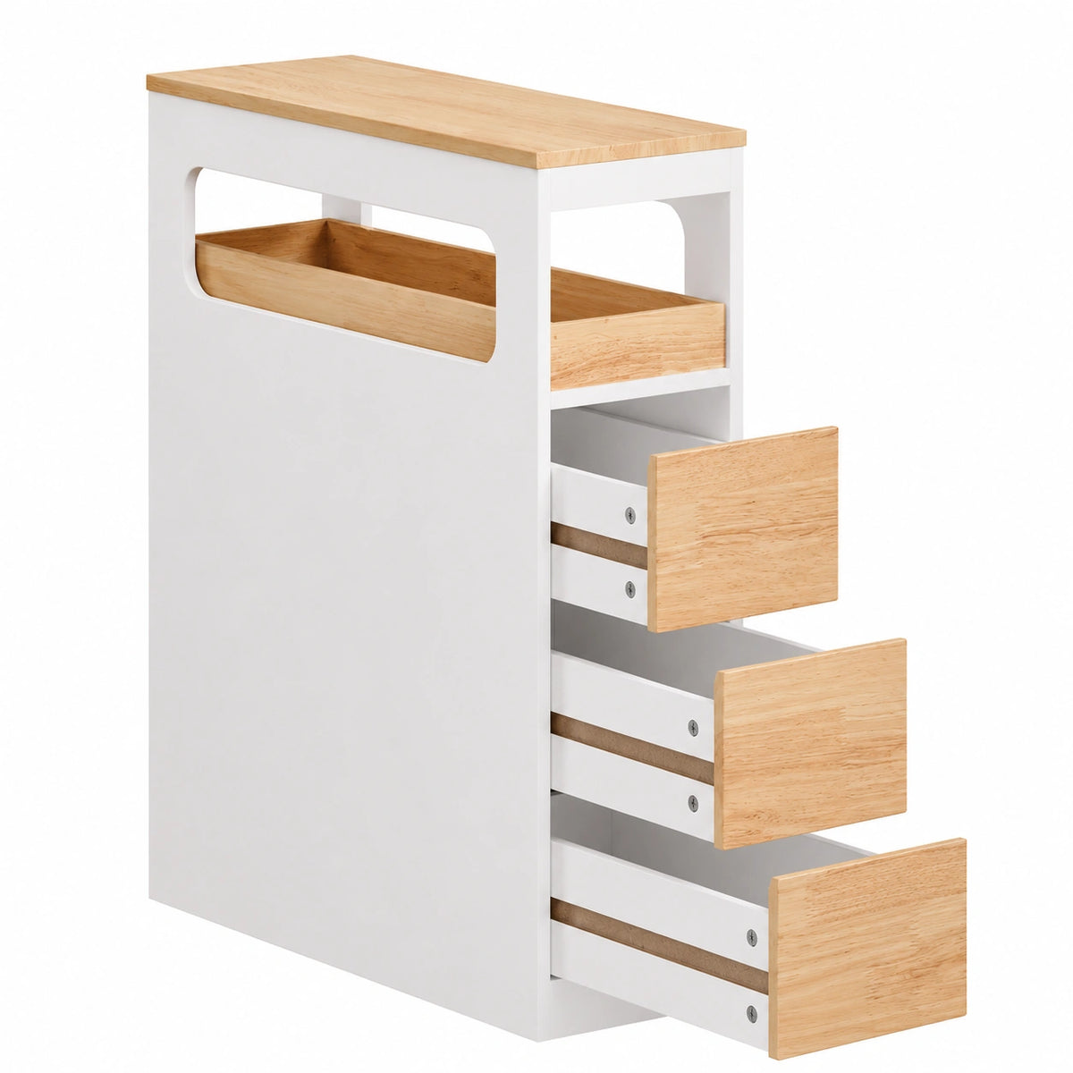 Cassettiera Stretta con Ruote 65 × 23 × 82cm, Con 3 Cassetti Per Angoli E Nicchie, Mobiletto Per Piccoli Spazi E Famiglie, Bianco E Color Legno