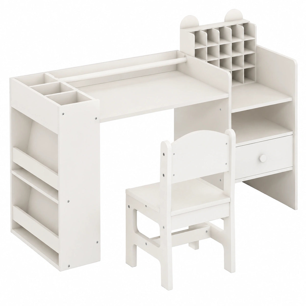 Tavolo e Sedia per Bambini 3+ con Porta Rotolo Carta Rimovibile, Scrivania Multifunzionale per Bambini con Mobile Cubo, Ripiani Laterali e Cassetto