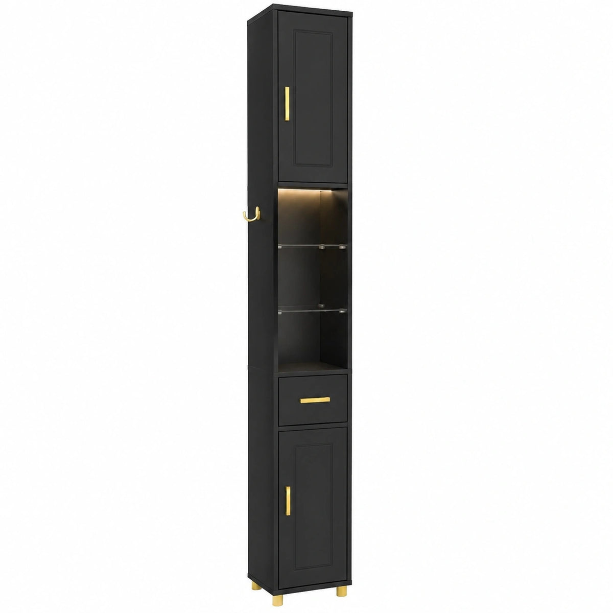 Mobile Bagno Salvaspazio con Luce, Colonna Bagno con Scomparti Aperti in Vetro, Ripiani Regolabili, 1 Cassetto e 1 Gancio Laterale per Spazi Ridotti